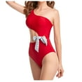 thumbnail image 1 of HAPIMO Women's Bikini Swimsuit Hawaiian Tropical Print Beachwear Oblique Shoulder Swimwear Sets Strappy Side Bow Bathing Suit Summer Seaside Clothes for Girls Savings Red M, 1 of 9