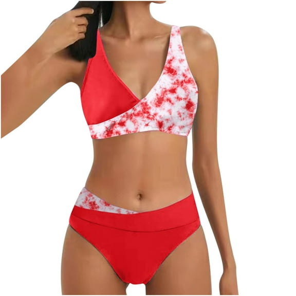 HAPIMO Women's Bikini Swimsuit Hawaiian Tropical Print Beachwear Summer Seaside Clothes for Girls Strappy Backless Bathing Suit Halter Neck Swimwear Sets Red
