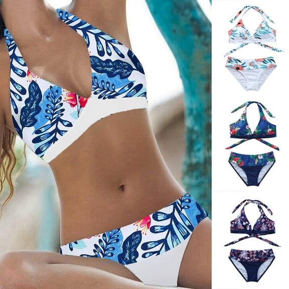 HAPIMO Women's Bikini Swimsuit Hawaiian Tropical Print Beachwear Summer Seaside Clothes for Girls Strappy Backless Bathing Suit Halter Neck Swimwear Sets Blue XL