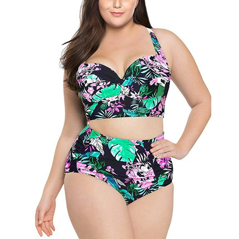 HAPIMO Women s Bikini Swimsuit Hawaiian Tropical Print Beachwear Twist Ruced Front Swimwear Sets StrappyPlus Size Bathing Suit Summer Seaside Clothes