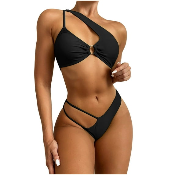 HAPIMO Women's Bikini Swimsuit Solid Color Beachwear Summer Seaside Clothes for Girls Oblique Shoulder Hollow Ring Bathing Suit Twist Ruced Front Swimwear Sets Rollbacks Black S