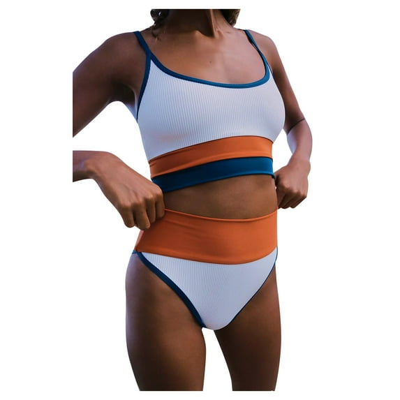 HAPIMO Women's Bikini Swimsuit Summer Seaside Clothes for Girls Color Block Beachwear Tank Top Bathing Suit Triangle Ribbed Swimwear Sets Discount Orange S