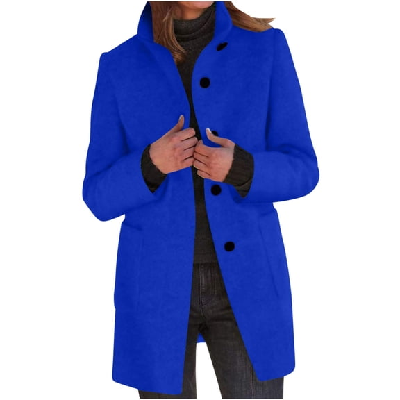 HAPIMO Women's Button Up Shackets Fall Loose Flannel Jackets Fashion Long Sleeve Outwear Pockets Overcoats Casual Woolen Trench Coat Winter Outfits Peacoat Blue M