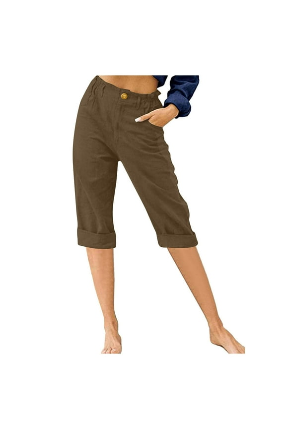 Women's Capri Cotton Linen Pants High Waist Button Solid Relaxed Trousers Fit Casual Daily Fashion Bronze S
