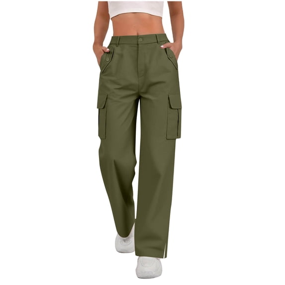 HAPIMO Women's Cargo Pants Baggy High Waist Straight Pants Casual Workout Pants Button Elastic Waist Pants with Pockets Army Green XL