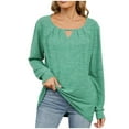thumbnail image 1 of HAPIMO Women's Casual Cotton Linen Loose Pleated Shirts Vacation Workout Fashion Keyhole Neck Pullovers Long Sleeve Tees Outfits Clearance Solid Color Tops Green XXL, 1 of 8