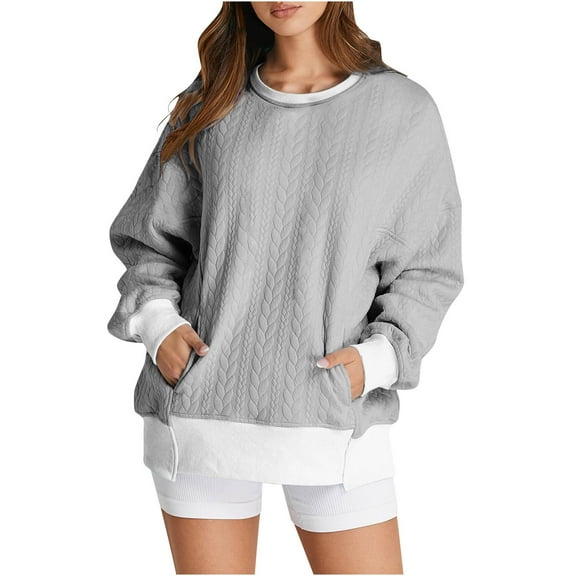 HAPIMO Women's Casual Cotton Linen Loose Plus Size Waffle Shirts with Pockets Vacation Long Sleeve Tees Outfits Fashion Tops Workout Crew Neck Pullovers Gray S