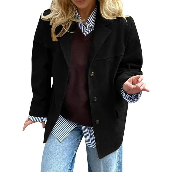 HAPIMO Women's Casual Jacket Long Sleeve Lapel Collar Three Button Cardigan Jacket Coat Solid Flap Pocket Tops Fall Winter Clothes Black S