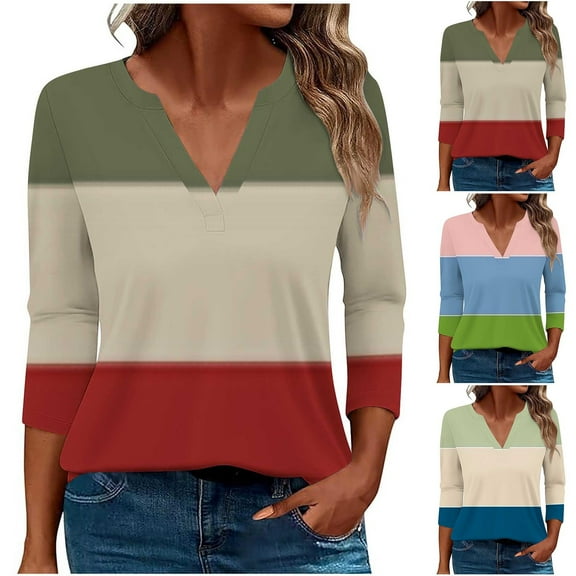 HAPIMO Women's Casual Loose Shirts Vacation Fashion Workout Color Block Tops V Neck Pullovers 3/4 Sleeve Tees Outfits Green L