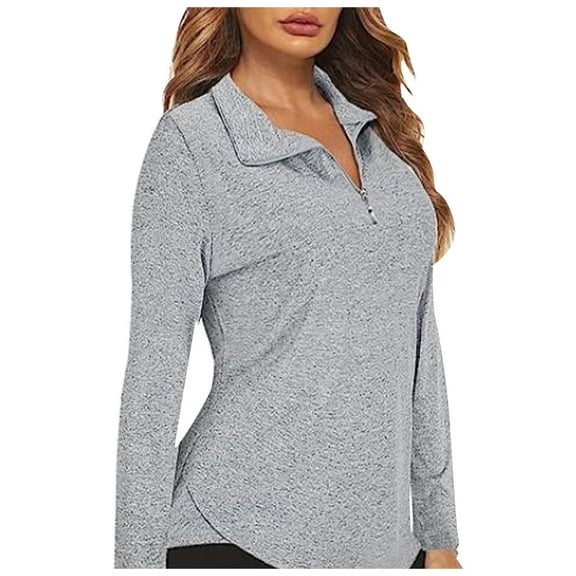 HAPIMO Women's Casual Loose Shirts Vacation Solid Color Tops V Neck Quarter Zipper Pullovers Workout Fashion Long Sleeve Tees Outfits Gray M