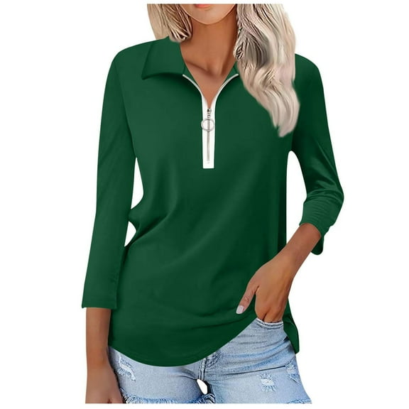 HAPIMO Women's Casual Loose Shirts Vacation Turn Down Collar Quarter Zipper Pullovers Workout 3/4 Sleeve Tees Outfits Fashion Solid Color Tops Green L