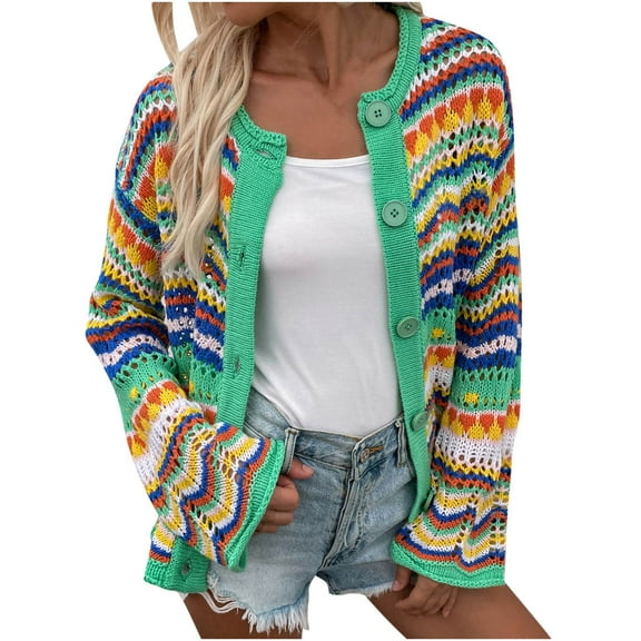 HAPIMO Women's Casual Open Front Cardigans Loose Knitted Jackets Button Up Shackets Fall Fashion Long Sleeve Outwear Winter Outfits Striped Coat Green M