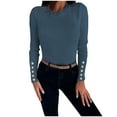 thumbnail image 1 of HAPIMO Women's Casual Ribbed Slim Knitted Basic Sweatshirts Vacation Round Neck Button Pullovers Long Sleeve Soft Sweaters Outfits Workout Tops Fashion Clearance Blue XL, 1 of 6