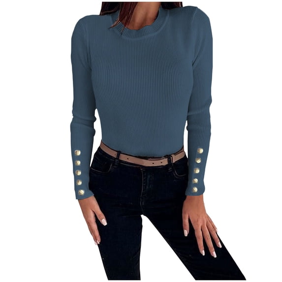 HAPIMO Women's Casual Ribbed Slim Knitted Basic Sweatshirts Vacation Round Neck Button Pullovers Long Sleeve Soft Sweaters Outfits Workout Tops Fashion Clearance Blue XL
