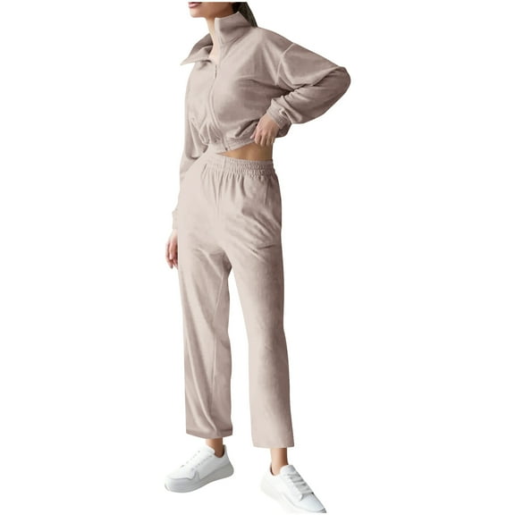 HAPIMO Women's Casual Tracksuit Sets Loungewear Set Long Sleeve Cropped Tops Casual Lapel Zip Up Sweatshirt and Elastic Waist Sweatpants Beige S