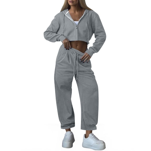 HAPIMO Women's Casual Tracksuit Sets Loungewear Set Solid Zip Up Hoodies Long Sleeve Cropped Tops and Elastic Waist Drawstring Sweatpants Gray M