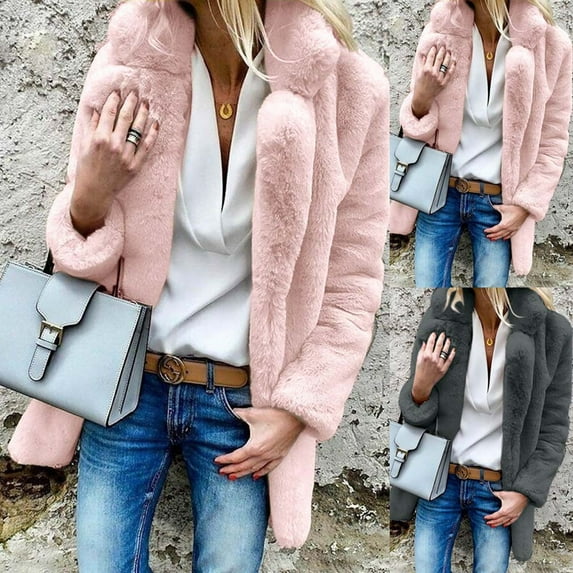 HAPIMO Women's Casual Wedding Party Evening Faux Fur Jackets Long Sleeve Outwear Turn Down Collar Open Front Fall Soft Fleece Coat Fashion Winter Outfits Gray L