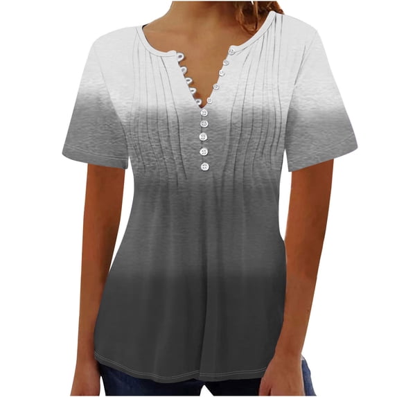 HAPIMO Women's Casual Workout Pleated Shirts Loose Tops Dressy Tunic Gradient Pullovers Summer Short Sleeve Tees Trendy Clearance V Neck Button Blouses Relaxed for Girls Gray XL