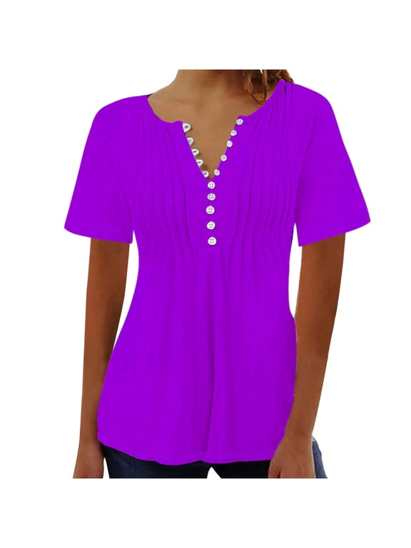 Women's Casual Workout Pleated Shirts Loose Tops Dressy Tunic Solid Color Pullovers Summer Short Sleeve Tees Relaxed Trendy V Neck Button Blouses Purple XXXL