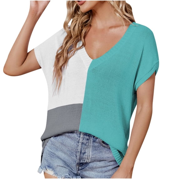 HAPIMO Women's Casual Workout Shirts Loose Plus Size Tops Short Sleeve Tees Color Block Patchwork Pullovers Summer Trendy V Neck Blouses Relaxed for Girls Green XL