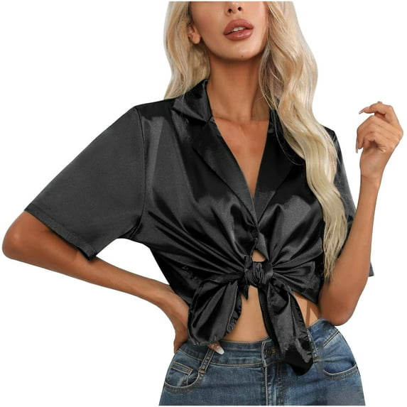 HAPIMO Women's Casual Workout Shirts Loose Satin Bandage Tops Trendy Relaxed Short Sleeve Tees Solid Color Silk Pullovers Summer Lapel V Neck Blouses for Girls Black XL