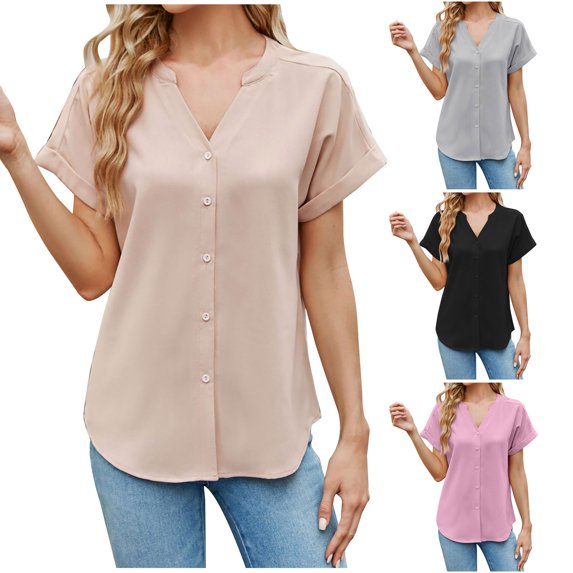 HAPIMO Women's Casual Workout Shirts Loose Tops Dressy Tunic Solid Color Pullovers Summer Trendy V Neck Button Blouses Short Sleeve Tees Relaxed for Girls Pink S