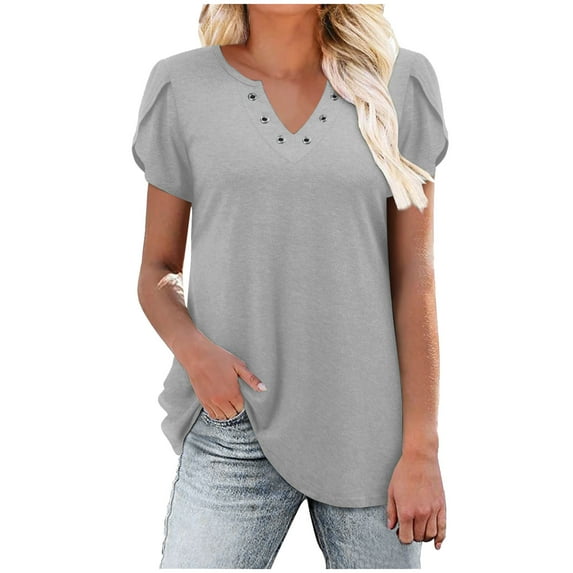 HAPIMO Women's Casual Workout Shirts Loose Tops Dressy Tunic Trendy Solid Color Pullovers Summer V Neck Button Blouses Relaxed Petal Sleeve Tees for Girls Gray L