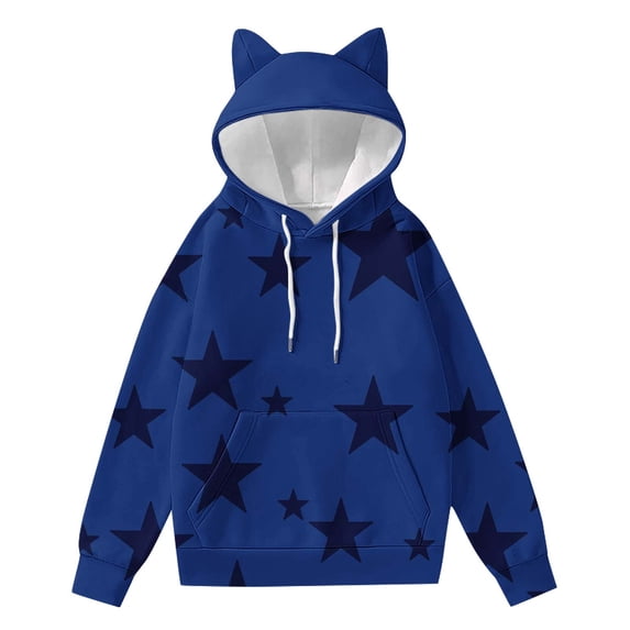 HAPIMO Women's Cat Ear Hoodies Y2K Cute Printed Sweatshirt Loose Fit Long Sleeve Pullover Tops Spring Fall Fashion Sweatshirts Blue M