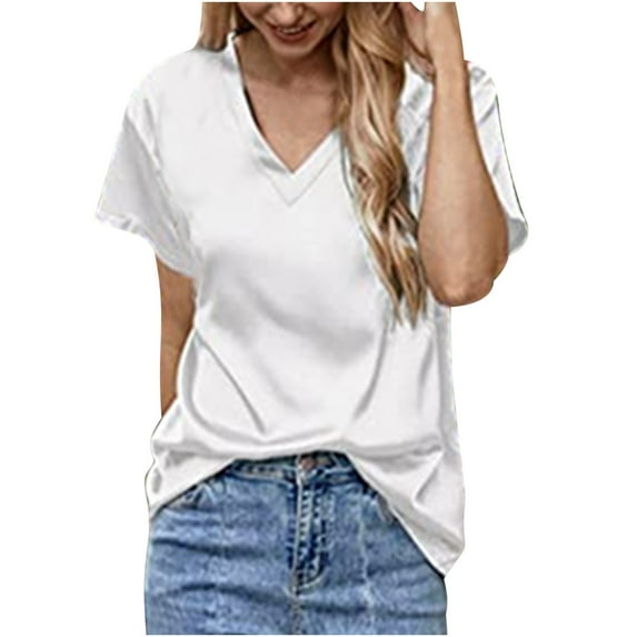 HAPIMO Women's Chiffon Loose Basic Tops Tunic Clearance Summer Tees Satin Silk Solid Color Short Sleeve V Neck Shirts Elegant Casual Workout Tops Trendy for Teen Girls White XXL