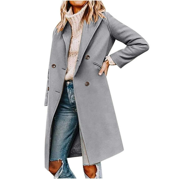 HAPIMO Women's Coat Long Sleeve Outwear Winter Outfits Casual Woolen Coat Button Up Flannel Jackets Fall Double Breasted Midi Peacoat Trench Coats Fashion Gray S