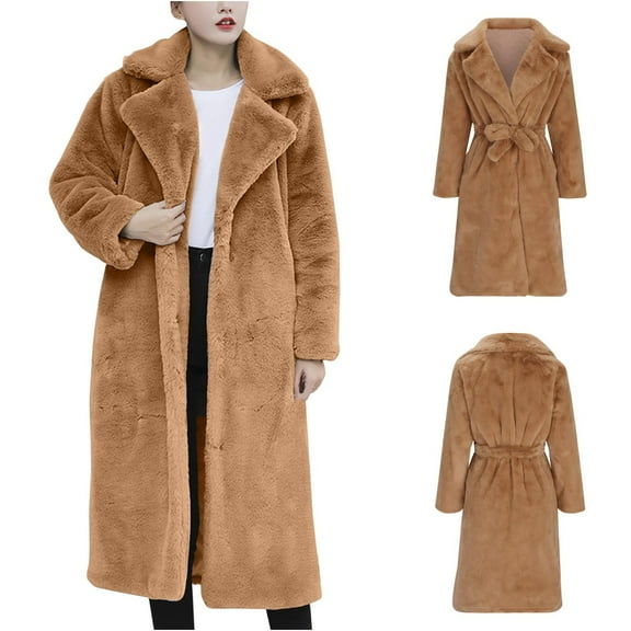 HAPIMO Women's Overcoats Turn Down Collar Open Front Winter Midi Peacoat Trench Coats Casual Soft Fleece Warm Wedding Fashion Long Sleeve Belted Outwear Pockets Yellow L