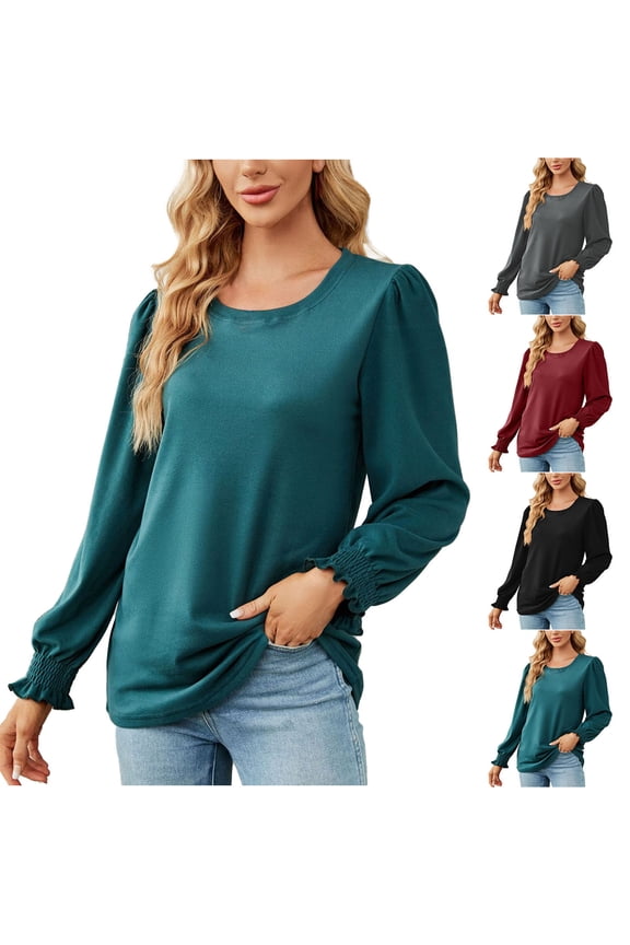 Women's Solid Color Blouses Round Neck Shirts Fall Workout Fashion Long Sleeve Cotton Lined Tees Loose Basic Ruffle Tops Regular Fitted Casual Black L