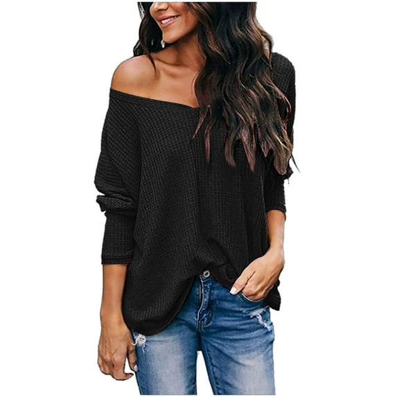 HAPIMO Women's Solid Color Blouses V Neck Shirts Fall Fashion Loose Basic Ribbed Tops Workout Regular Fitted Casual Cold Shoulder Long Sleeve Tees Black XL