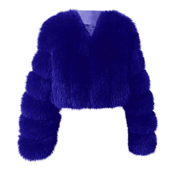 HAPIMO Women's Clod Weather Coat Winter Fluffy Faux Fur Warm Outerwear Coat Cropped Coat Relaxed Fit Long Sleeve Open Front Solid Trendy Jacket Blue XL
