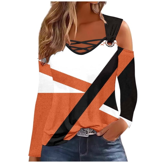 HAPIMO Women's Cold Shoulder Tees Outfits Loose Shirts Vacation Color Block Tops Fashion Workout Keyhole Neck Pullovers Casual Elegant Orange XXL