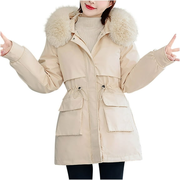 HAPIMO Women's Cold Weather Hooded Coats Solid Pocket Jacket Coats Long Sleeve Zip Up Coat Winter Casual Comfy Warm Coat with Faux Fur Trim Hood Beige XXL