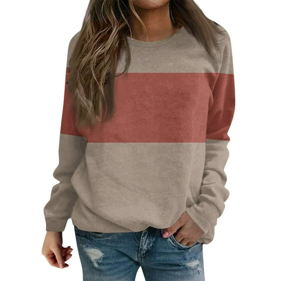 HAPIMO Women's Color Block Tops Round Neck Pullovers Fashion Workout Long Sleeve Sweatshirts Outfits Casual Loose Shirts Vacation Red S