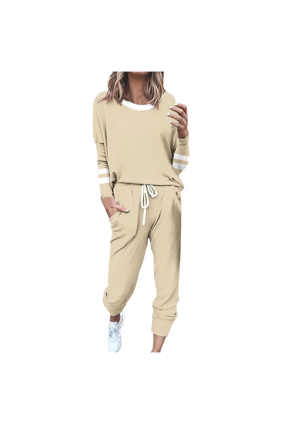 Women's Color Block Two Piece Pajamas Set Casual Long Sleeve Sweatshirt with Long Pants Loungewear Outfits Tracksuits Beige XL