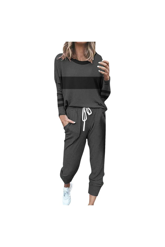 Women's Color Block Two Piece Pajamas Set Casual Long Sleeve Sweatshirt with Long Pants Loungewear Outfits Tracksuits Black XXXXXL
