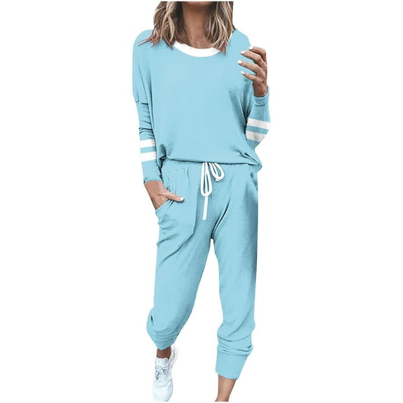 HAPIMO Women's Color Block Two Piece Pajamas Set Casual Long Sleeve Sweatshirt with Long Pants Loungewear Outfits Tracksuits Blue L