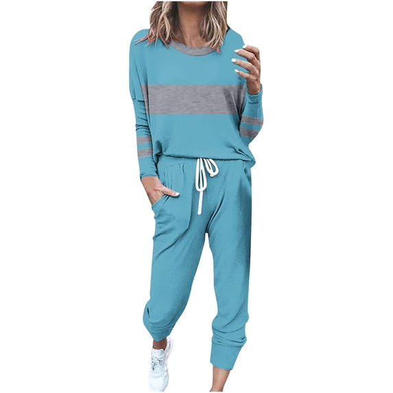 HAPIMO Women's Color Block Two Piece Pajamas Set Casual Long Sleeve Sweatshirt with Long Pants Loungewear Outfits Tracksuits Blue XXXXXL