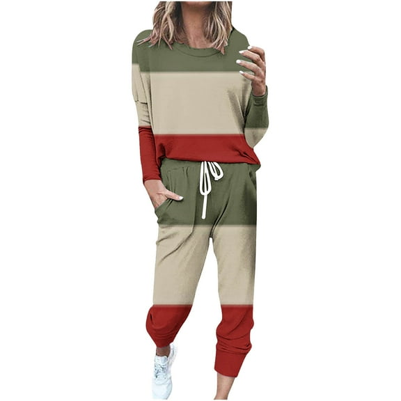 HAPIMO Women's Color Block Two Piece Pajamas Set Casual Long Sleeve Sweatshirt with Long Pants Loungewear Outfits Tracksuits Red L