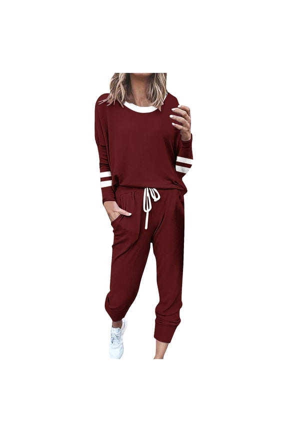 Women's Color Block Two Piece Pajamas Set Casual Long Sleeve Sweatshirt with Long Pants Loungewear Outfits Tracksuits Red M