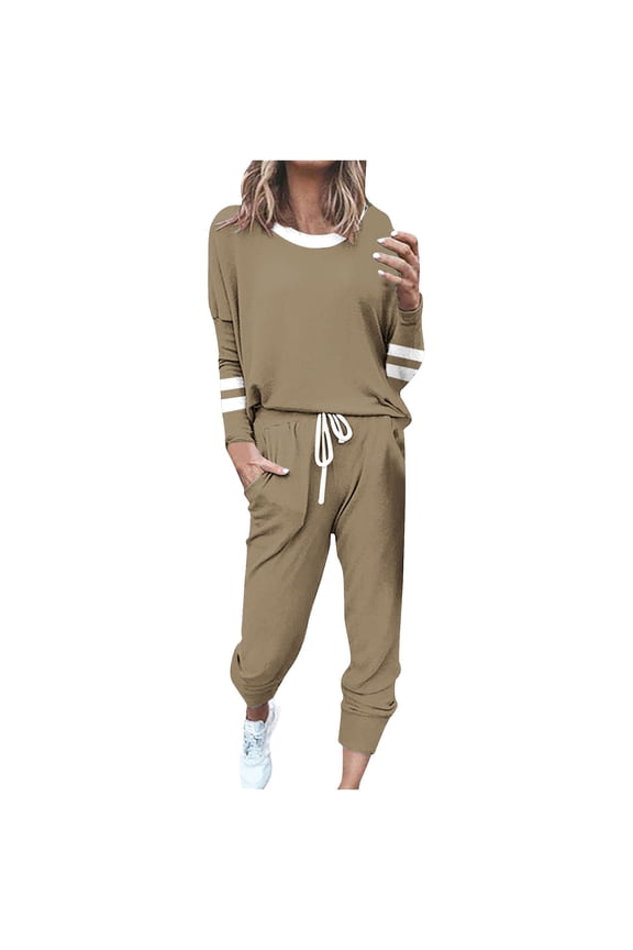 Women's Color Block Two Piece Pajamas Set Casual Long Sleeve Sweatshirt with Long Pants Loungewear Outfits Tracksuits Yellow XL
