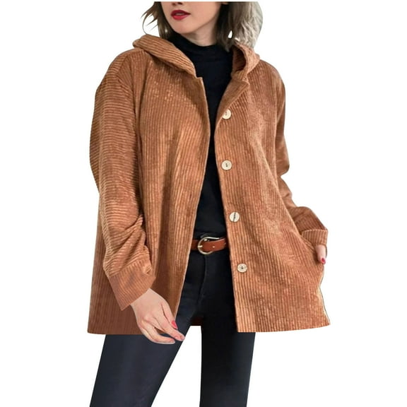 HAPIMO Women's Corduroy Coats Casual Comfy Long Sleeve Button Down Hooded Jacket Oversiez Solid Pocket Outerwear Coat Fall Winter Warm Clothes Brown S
