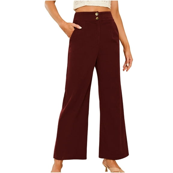 HAPIMO Women's Corduroy Pants Baggy Casual Straight Wide Leg Pants High Waisted Double Buttoned Stretchy Pants Loung Sweatpants Wine XXL