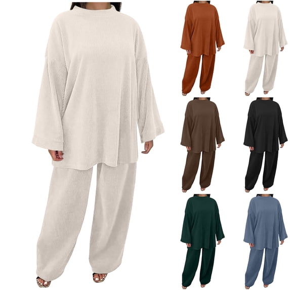 HAPIMO Women's Corduroy Tracksuits Pants Sets Clearance Casual Relaxed Workout Activewear Solid Color Tees Spring Fashion Girls Long Sleeve Shirts Crew Neck Blouse Beige L
