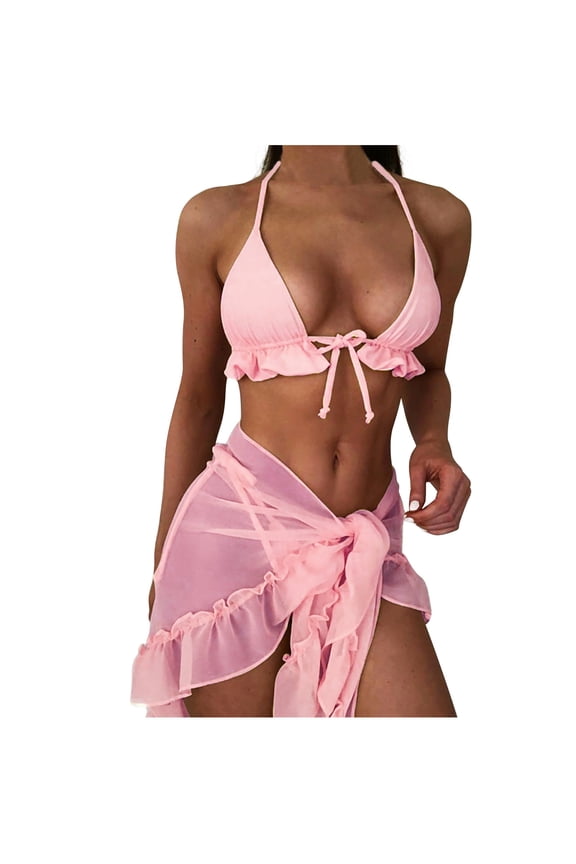 Women's Costume 3 Piece Bikini Swimsuit Summer Seaside Clothes for Girls Strappy Cover Up Bathing Suit Polka Dots Print Beachwear Knot Ruched Swimwear Sets Sales Pink S
