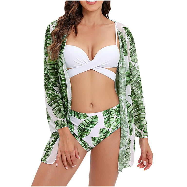 Tropical Print Twist Front Bikini Swimsuit With Long Sleeve Swim Shirt