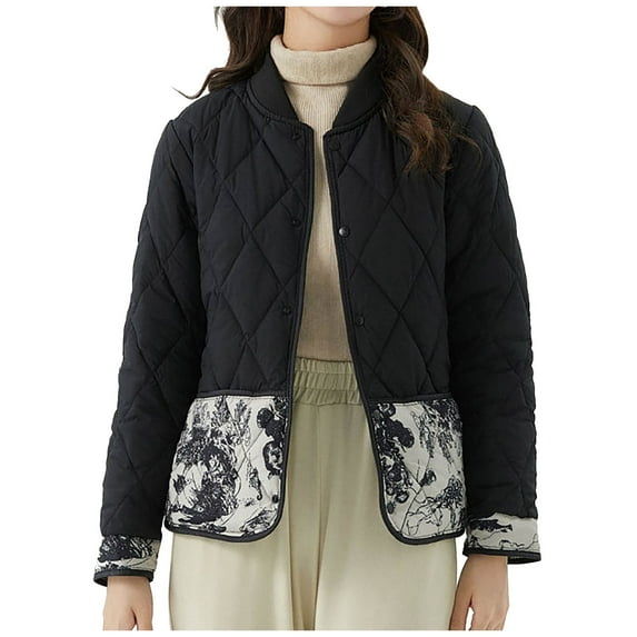 HAPIMO Women's Cotton Coats Long Sleeve Stand Collar Snap Jacket Color Block Pocket Quilted Coats Outdoor Casual Coats Fall Winter Warm Coat Black XL